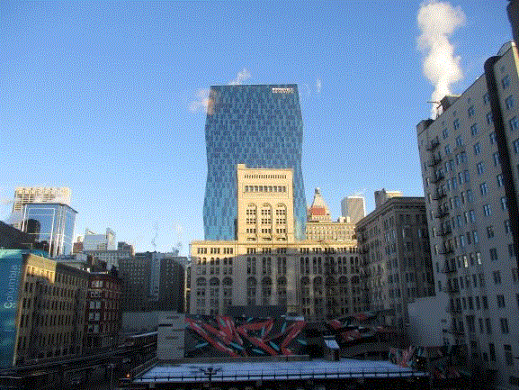 view in the morning with interesting buildings